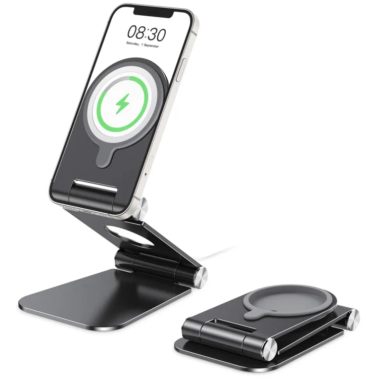 

Adjustable aluminum ultra thin metal desktop magsaf wireless charger foldable phone stand holder for MagSafe Charger