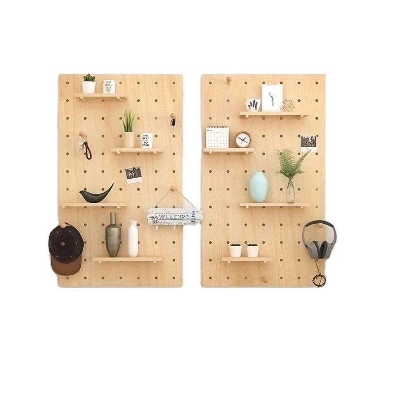 

Hot selling Nature Wooden Pegboard Modular Display Organization Storage Wall Hooks Shelf wood peg board for home living room