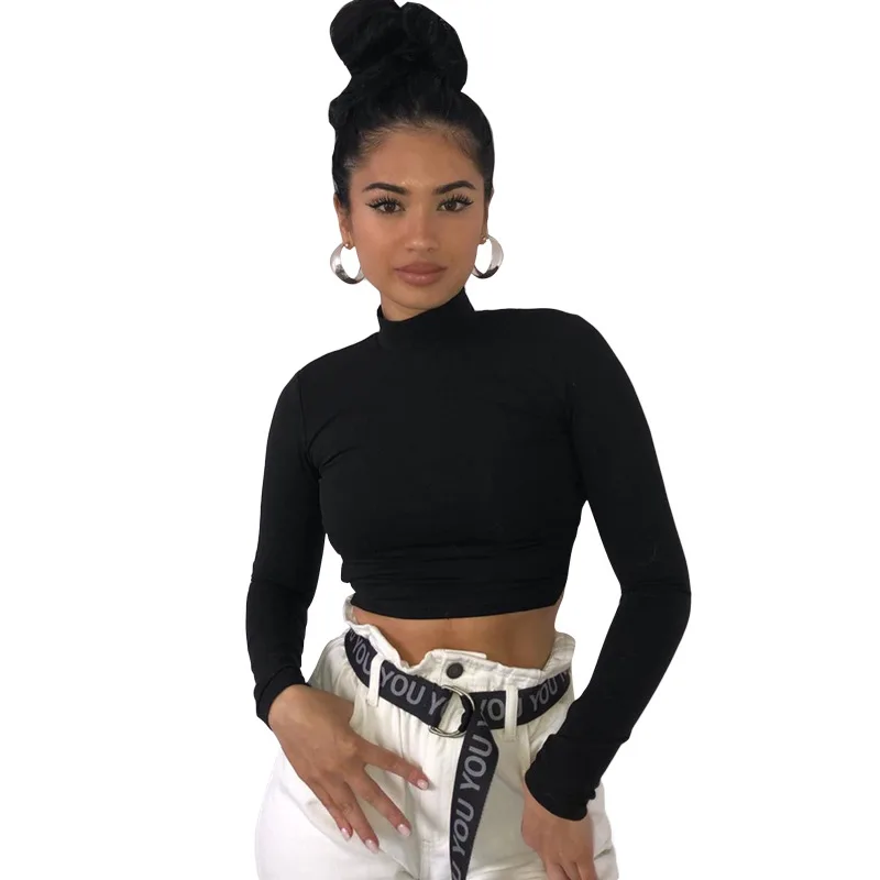 

Blank Casual Sexy Black Cotton Mock Neck Tie Wrap Backless Long Sleeve Crop Blouses Ladies Clothing Cropped Tops Shirt For Women