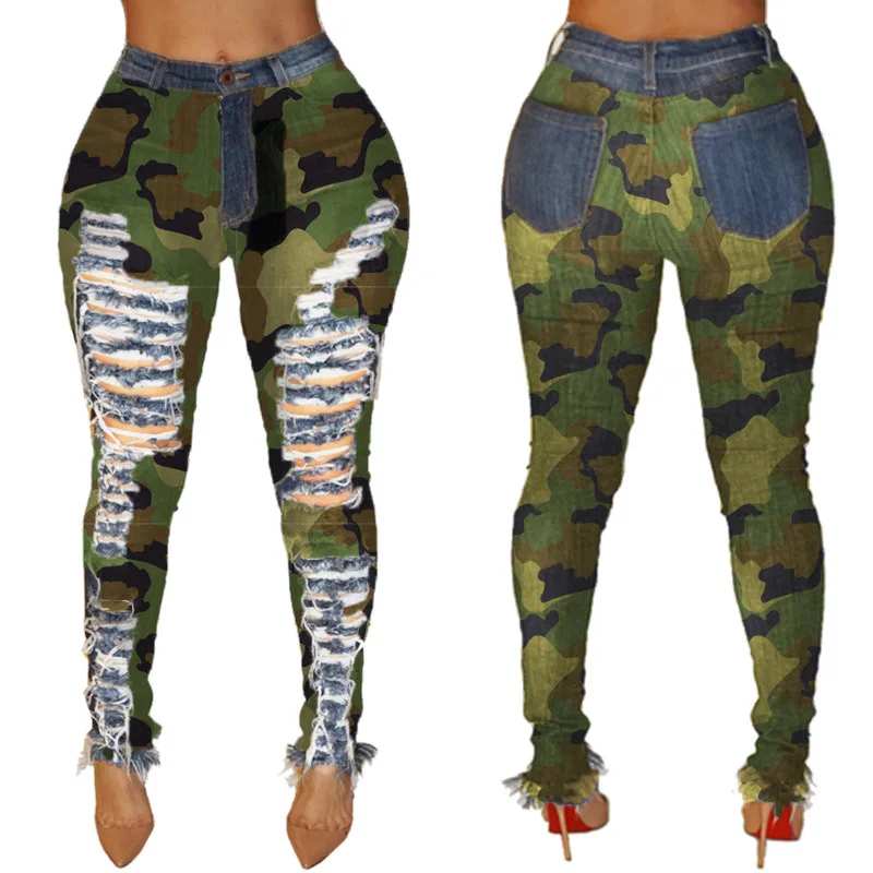 

Destroyed High Waist Skinny Camouflage Pant Women Jeans, Army green