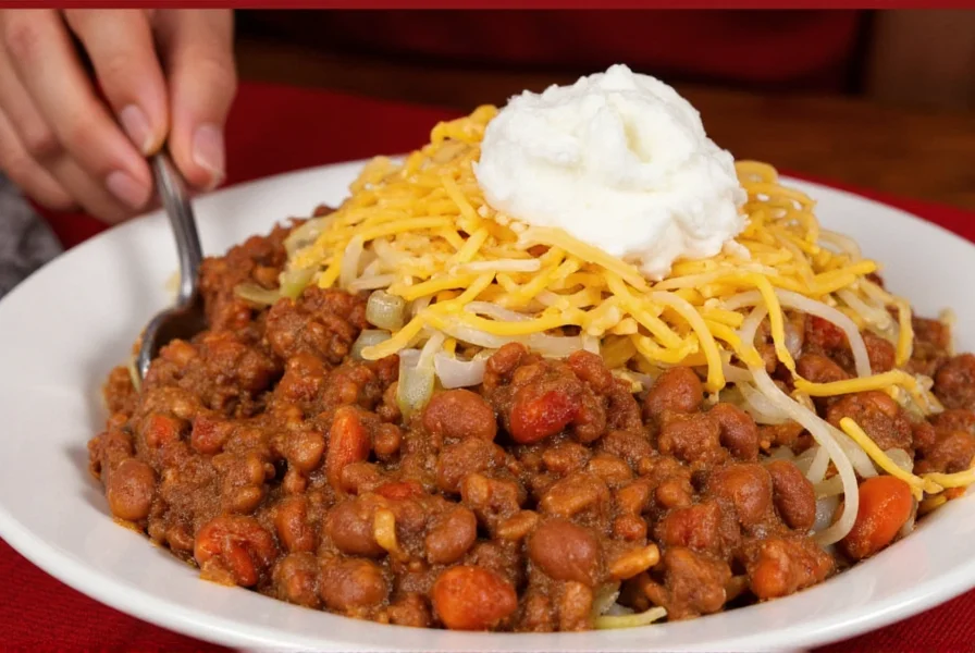 Authentic Cincinnati-style 5-way chili served in a traditional chili parlor with spaghetti, chili, cheese, onions, and kidney beans