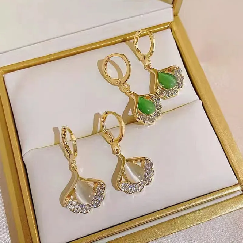 

Wholesale Aretes De Mujer GT Hot Selling Elegant Drop Earring High Quality Opal Ginkgo Leaf Crystal Tassel Earrings For Women