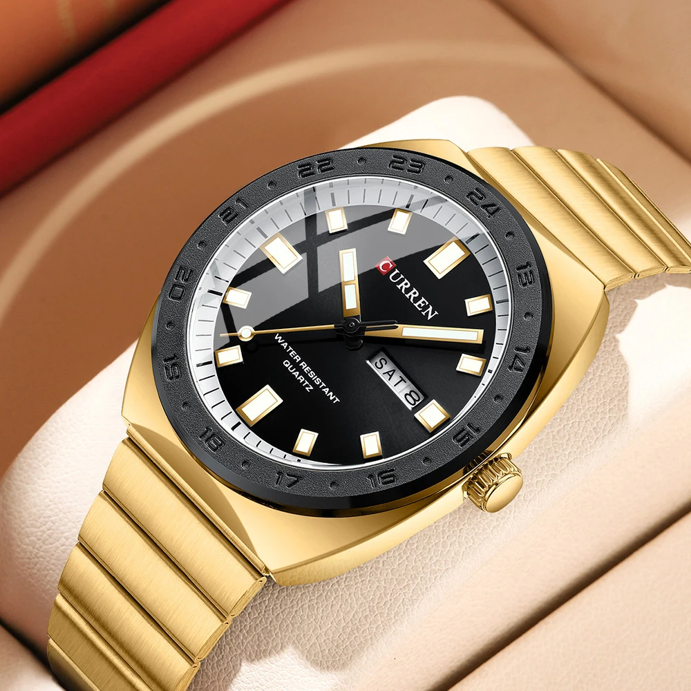 CURREN 8473 Luxury Watch Men Gold Black Stainless Steel Luminous Week Display Calendar Waterproof Watches for Men Reloj Hombre