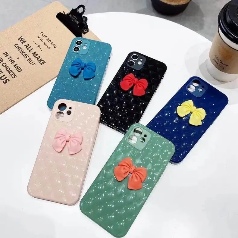 

New Fashionable and lovely 3D bowknot durable shockproof soft mobile phone case creative color contrast for iphone12 6 7 8 11 XR, 5 colors