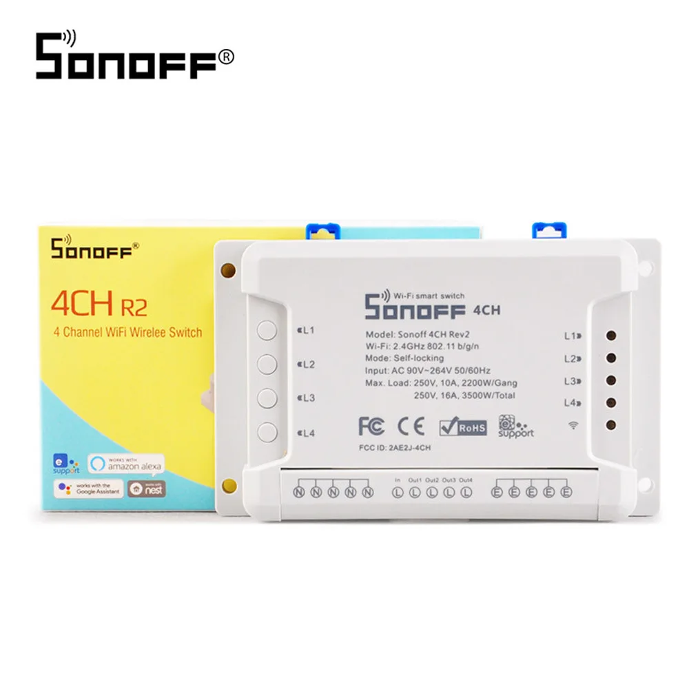 SONOFF 4CH R2 4 Gang/Channel Wireless Switch Light Wifi Remote Control 4 devices 10A/2200W Support Google/Smart Home Automation