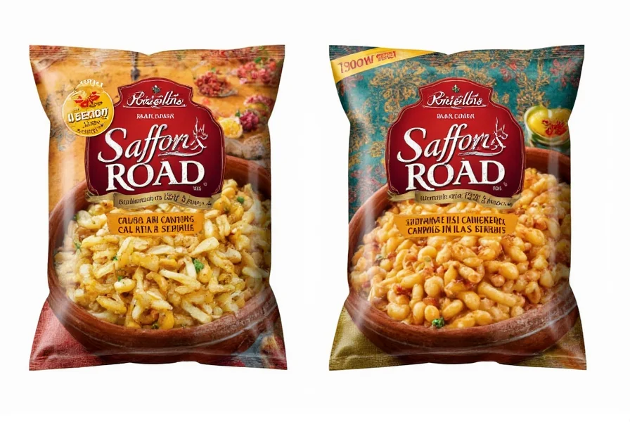 Close-up of Saffron Road product packaging showing ingredient list and cooking instructions