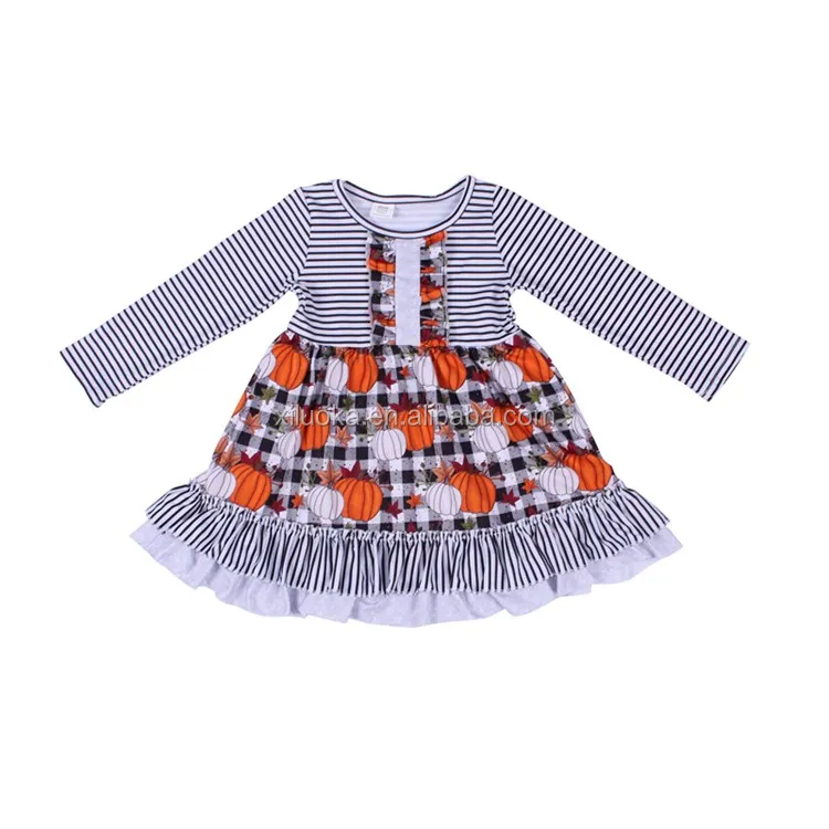 

2021 New Design Boutique Kids Clothes Pumpkin Pattern Long Sleeve Halloween Girls Dresses