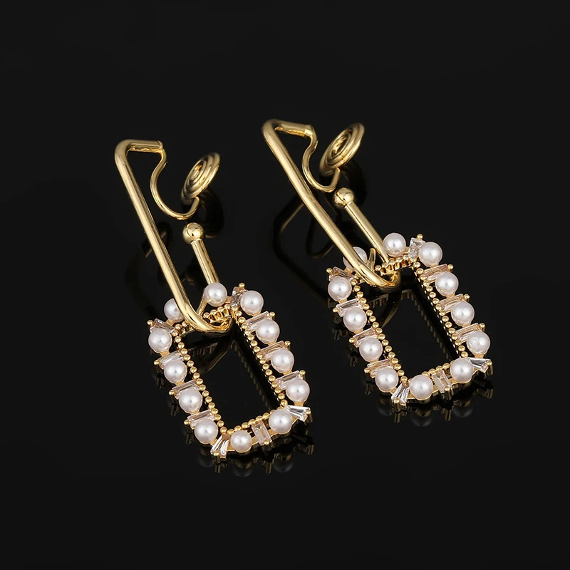 

Fashion Cubic Zirconia Jewelry Rectangular Earrings Female Silver Needle Pearl Hoop Earring, Goldd