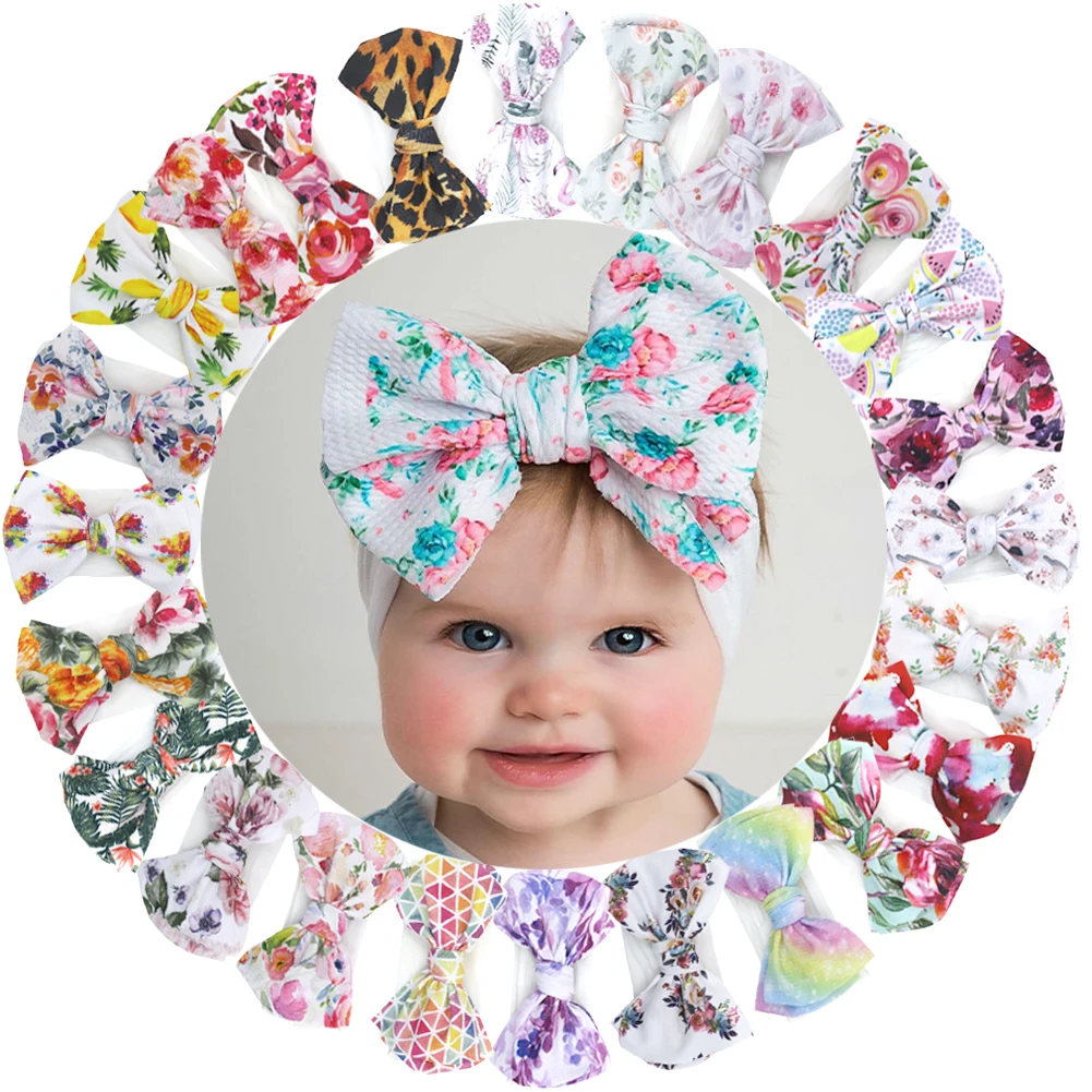 

Flower Print Turban Baby Headband with Elastic White Nylon Band Bow Tie Knot Headwraps Fashion Newborn Girls Hair Accessories
