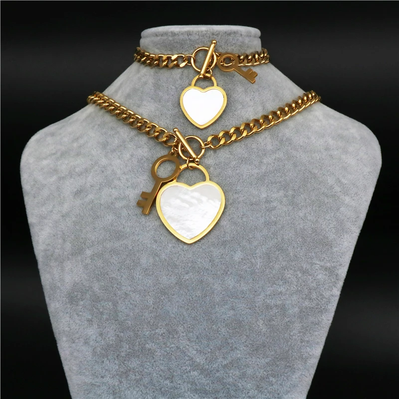 

Newest shell Style Stainless Steel jewelry sets fashion heart shape Key Jewelry Gold color Necklace Bracelet Sets For Women Gift