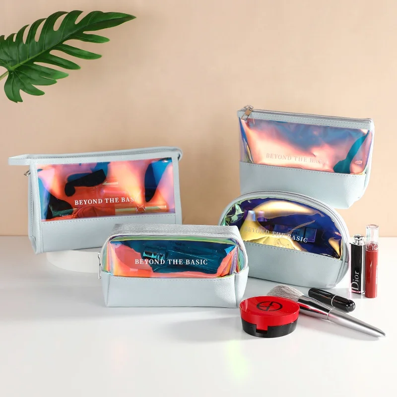 

Custom Travel Beauty Organizer Recycled Clear tpu Leather&Glitter Holographic Makeup Cosmetic Bag Set