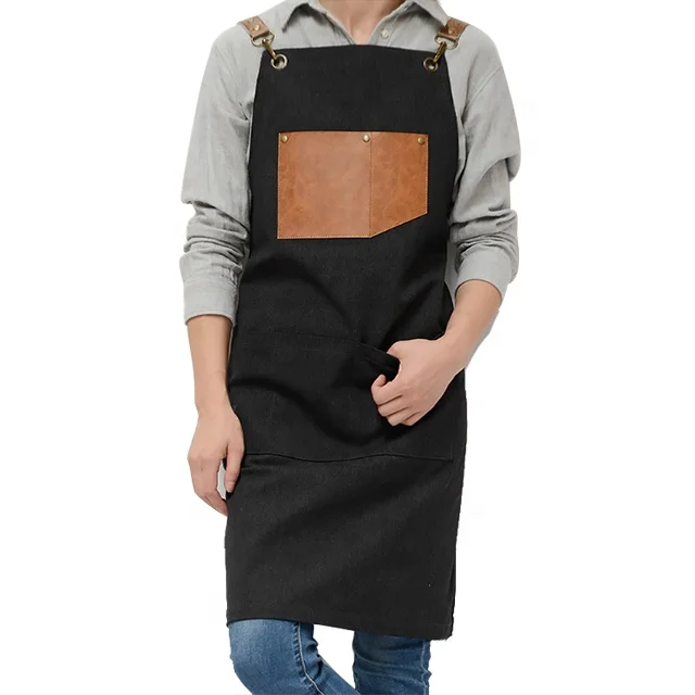 

Black Mens Thick Canvas PU Leather Apron For Florista, Can be customized