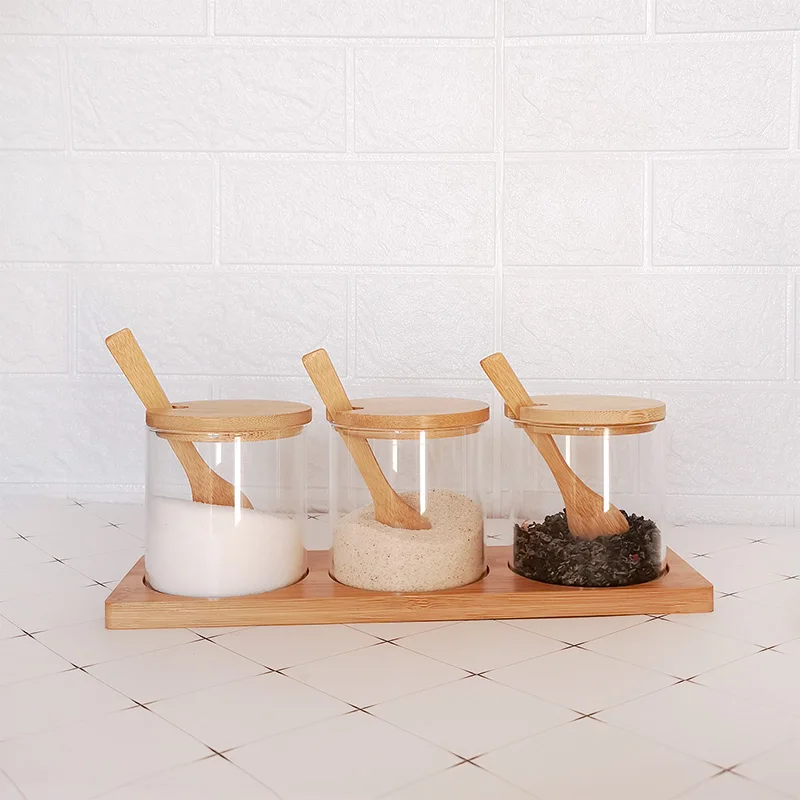 

Kitchen condiment jar 3 pieces set with a bamboo tray, Transparent color