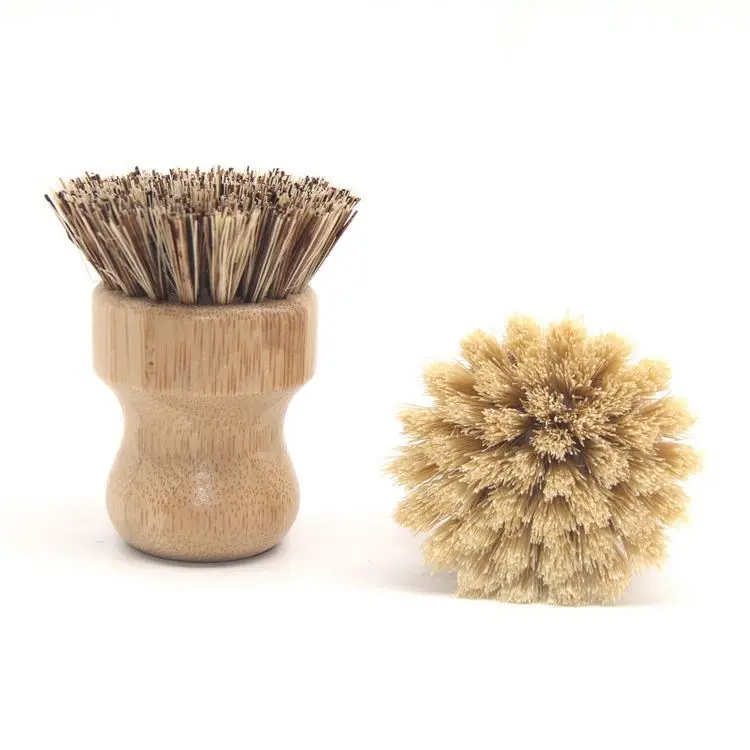 

New Design Best Price Long Handle Palm Removable Replacement Head Pot Brush Bamboo And Sisal Dish Brush, Bamboo color