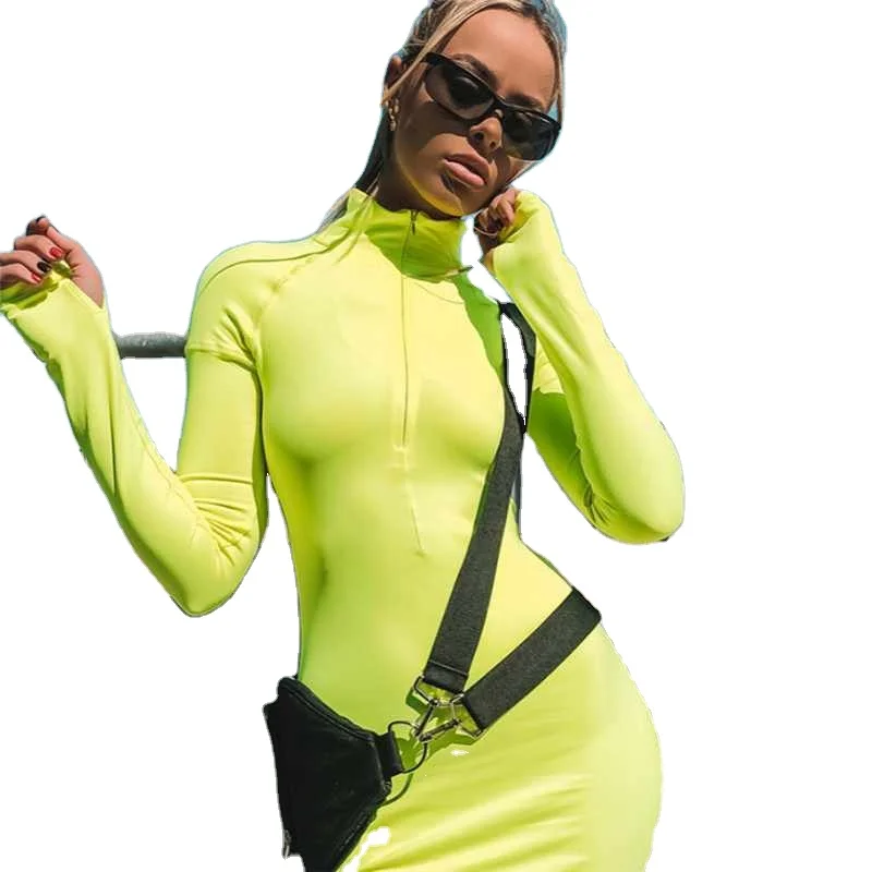 

Neon green long sleeve bodycon maxi dress with front zipper