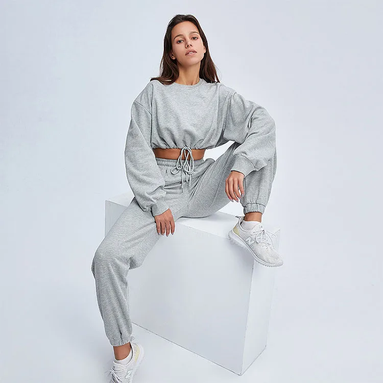 

Red Gray Casual Fashion Drawstring Long-sleeved Short Blouse Drawstring Rope Trousers Track Suits Women Sport Tracksuit