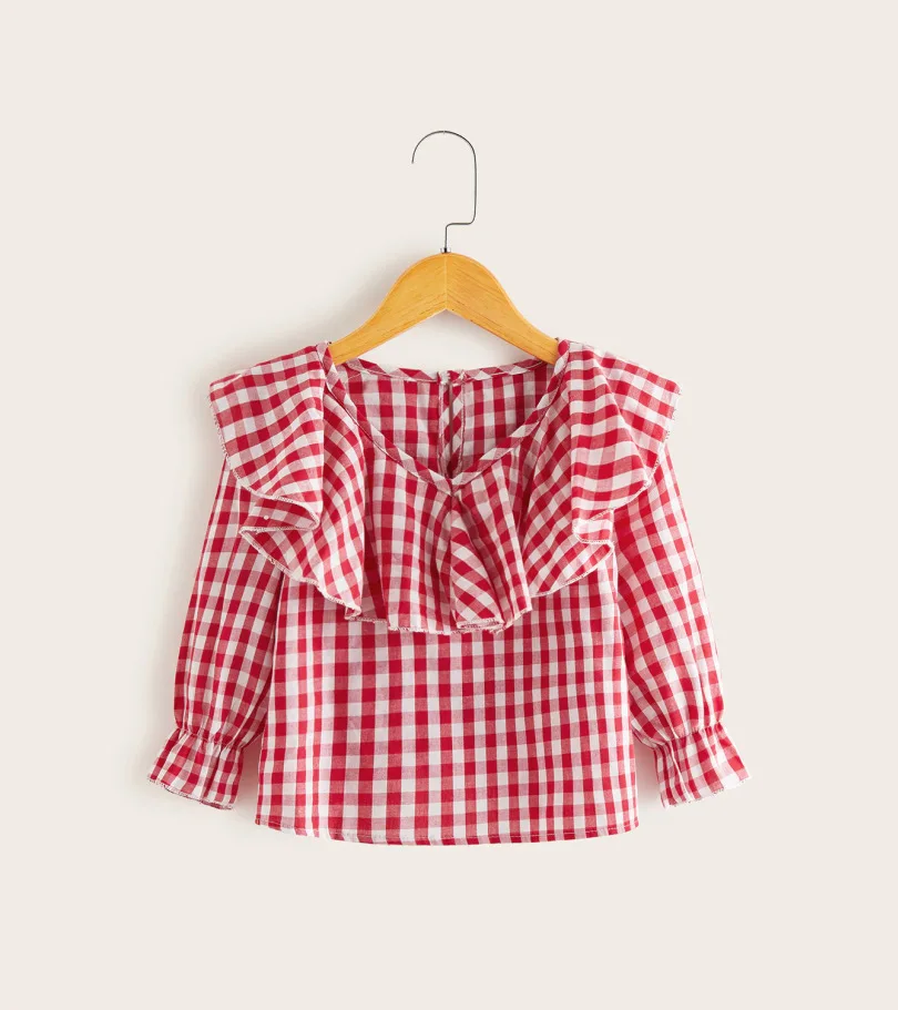 

Hot Selling Summer Girls Cotton Ruffle Plaid Long Sleeve Tops