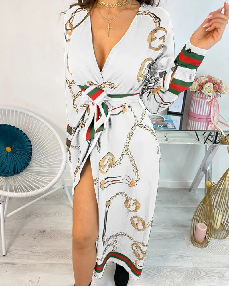 

Wholesale 2021 new sexy women's V-neck long-sleeved printed strap dress sexy high waist long section of loose slit skirt, Customized color