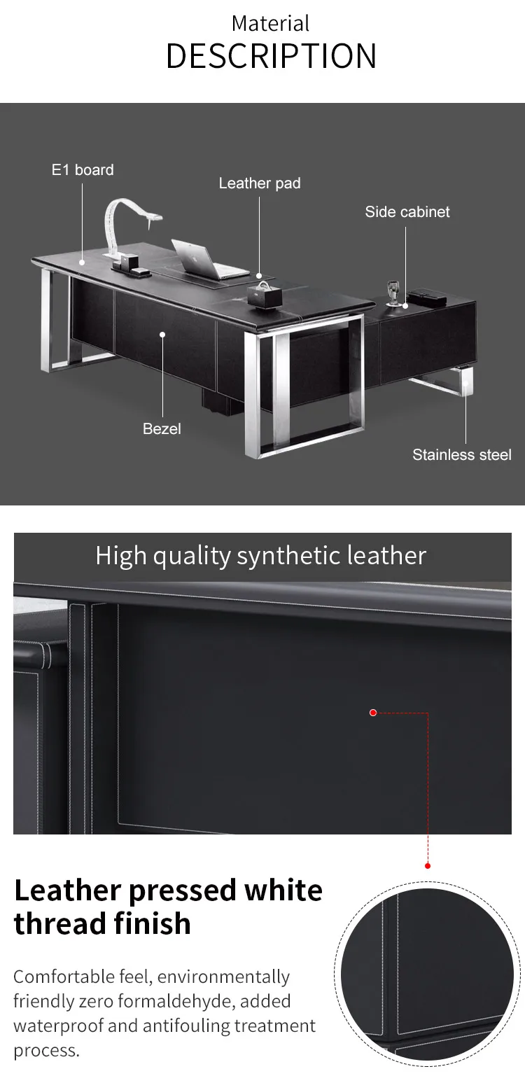 Pengpai Professional Executive Leather Table Set Office Work Desk With Drawers