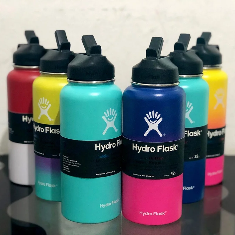 Wholesale hot hydro water bottle flask 32oz 40oz yellow red double wall vacuum insulated stainless steel logo custom with handle