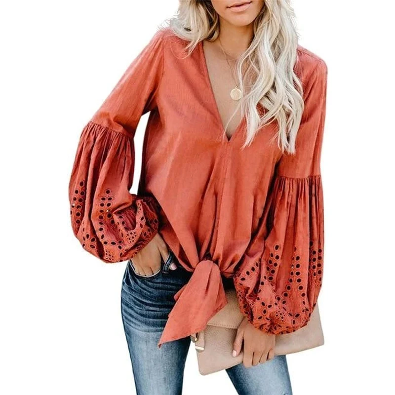 

Women V-neck Blouse Eyelet Balloon Sleeve Top, Photo show