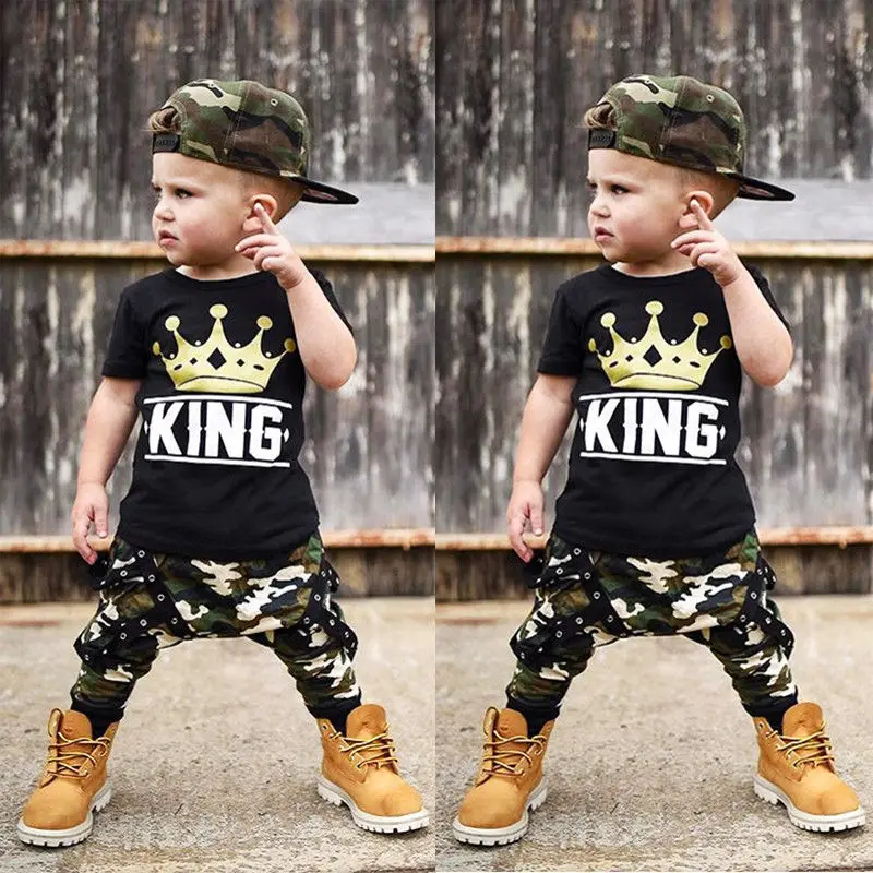 

2020 new children's clothing T-shirt two-piece summer short-sleeved black top casual camouflage pants boy suit