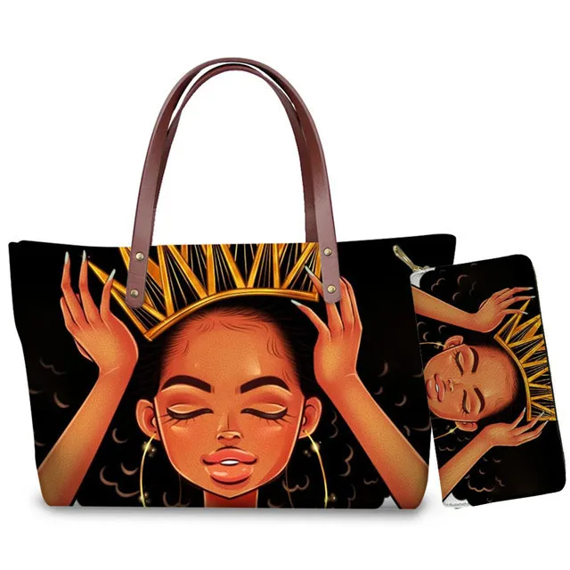 

2 PCS Ladies Hand Bags Set Composite Bag Women Handbags Female Black Art African Girl Printing Shopping Women Tote Shoulder Bag, Accept custom made