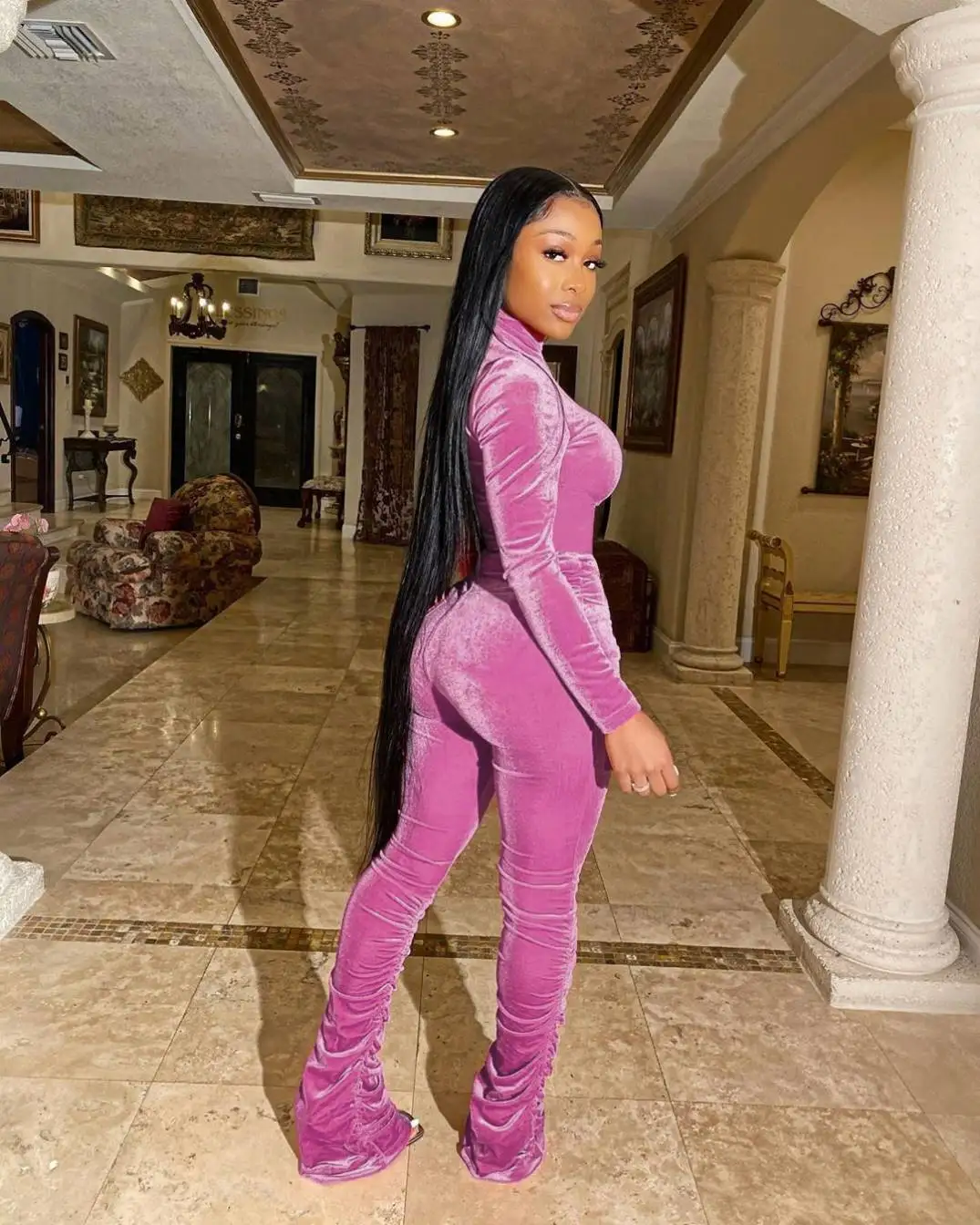 

wholesale jogger tracksuit thick stacked pants velutum stacked women sweatpants plus size two piece set