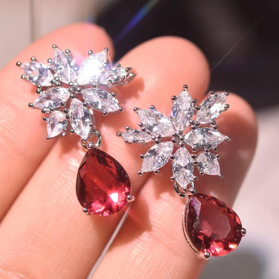 

CAOSHI Jewelry Water Drop Ruby Zircon Earring Brilliant Shiny Leaf Lady Women Beautiful Pear Silver Beautiful Drop Earrings