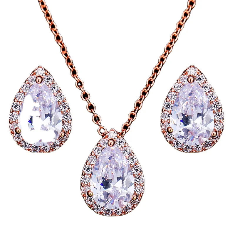 

Wholesale Fashion Copper Alloy Zircon Water Drop Wedding Bridal Necklace And Earing Statement Jewelry Set, Gold,silver,rose gold