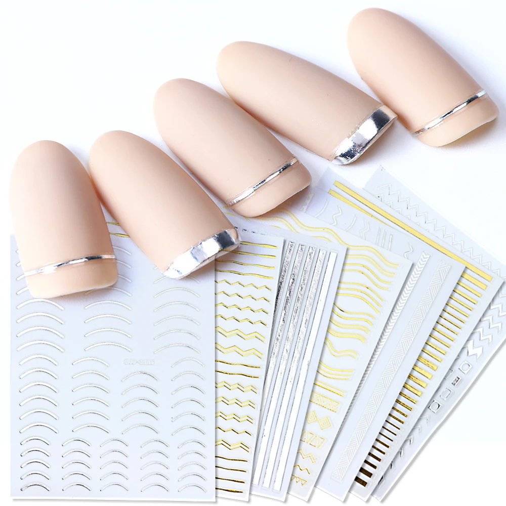 

1pcs Gold Silver Sliders 3D Nail Stickers Straight Curved Liners Stripe Tape Wraps Geometric Nail Art Stickers