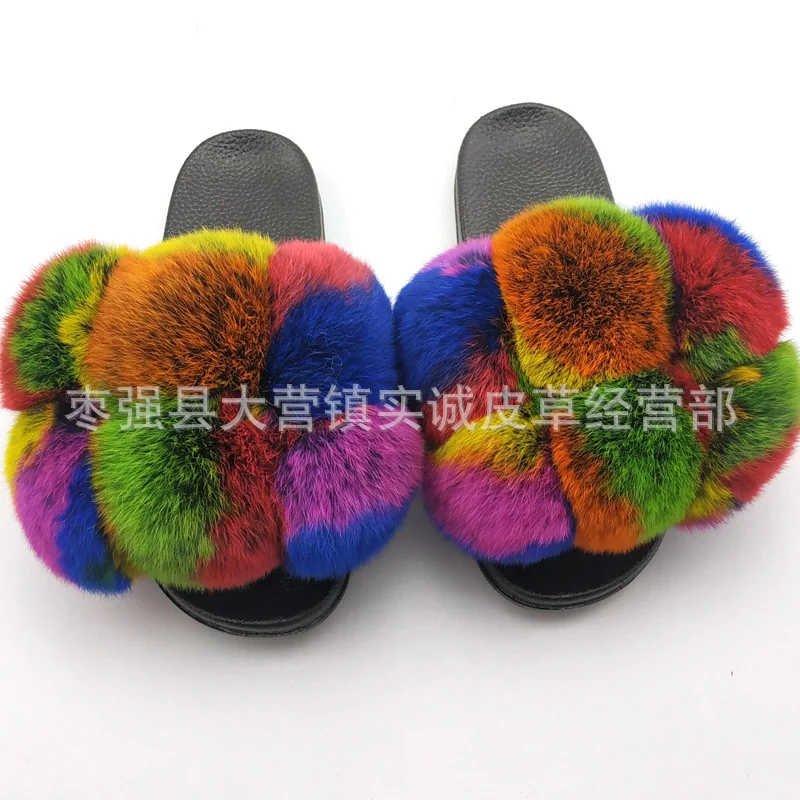 

2021 fashion beautiful color luxury faux fur Four Seasons Green and Red Real Fox Fur Fur Ball House Slides Indoor Slippers, As photo