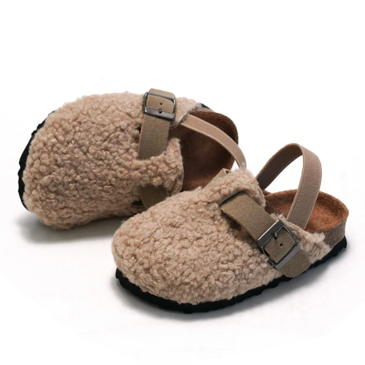 

Children's Woolen Elastic Clogs Baby Boys Girls Plush Sandals Cork Fluffy Faux Fur Flat Toddler Prewalker Birken Slippers