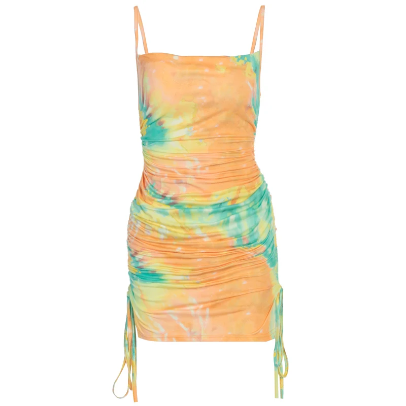 

New Trendy Women Clothing Summer Dresses Casual Ladies Spaghetti Strap Tie Dye Backless Mini Dress, As picture shows