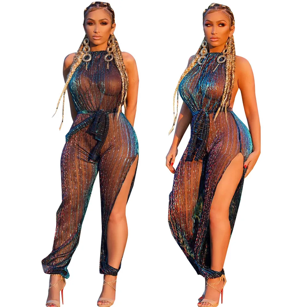 

Coupon Pant Set 2021 Women Bodycon One Piece See Through Sheer Black Mesh Jumpsuit
