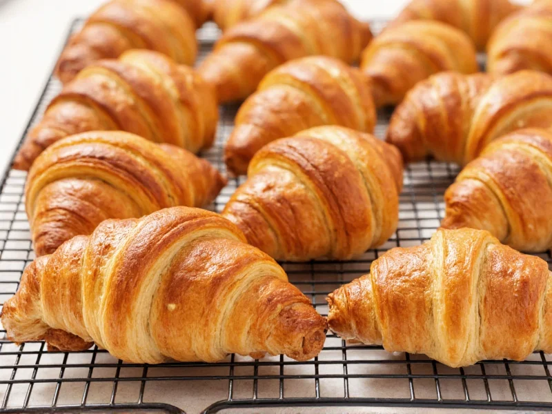 Perfectly baked homemade croissants on cooling rack
