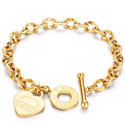 

Wholesale Jewelry Stainless Steel Heart Letter Charm Bracelet Link Chain OT Clasp Love Heart Bracelet For Women Party Gift
