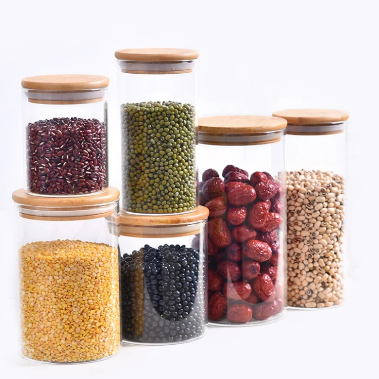 

Popular Widely used Kitchen multigrain storage jar borosilicate glass canning food with bamboo lid 200ml 300ml 400ml 500ml