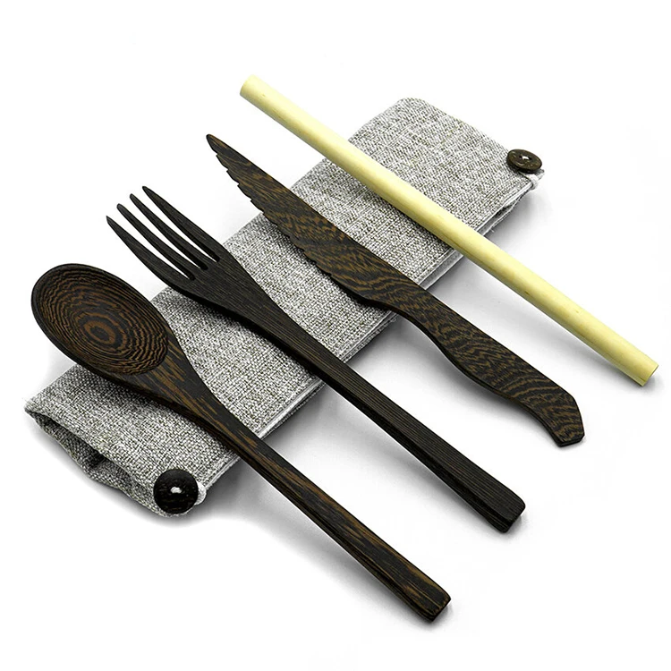 

High Quality 100% Natural Eco-friendly Gift Custom Logo Black Coconut Wooden Cutlery Knife Fork Straw Spoon Set