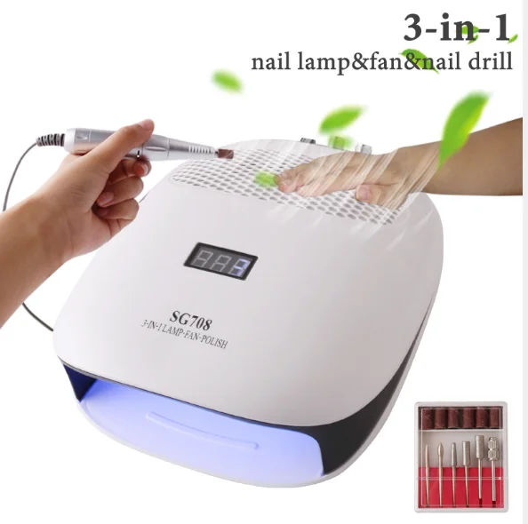 

SG708 140W 3 In 1 Power Dust Sading Smart Manicure Collector Art Equipment Led 2 Fan Polish Nail Lamp Drill Electric, White