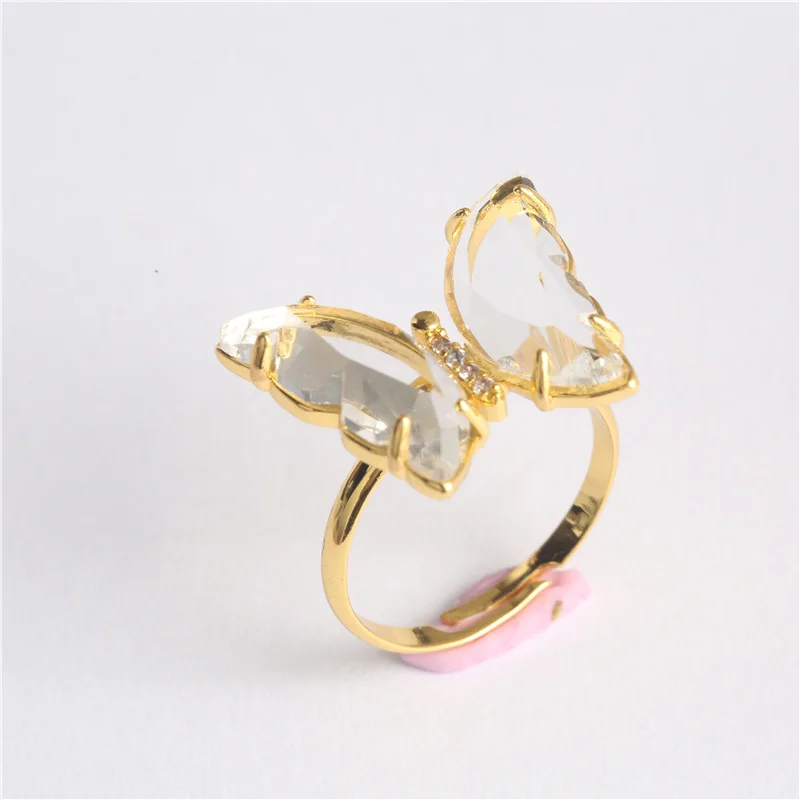

Women Girls Resizable Finger Gold Plated Crystal Glass CZ Brass Opening Butterfly Ring Adjustable