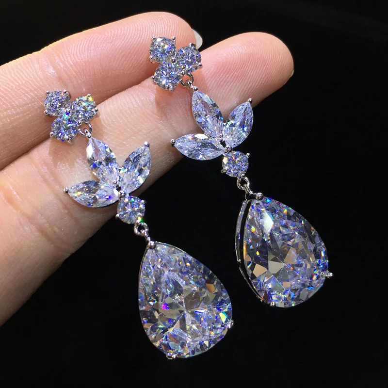 

Wedding Party Jewelry Sparkling Waterdrop Shape Zirconia Earrings 925 Silver Needle Long Tassel Diamond Crystal Drop Earrings