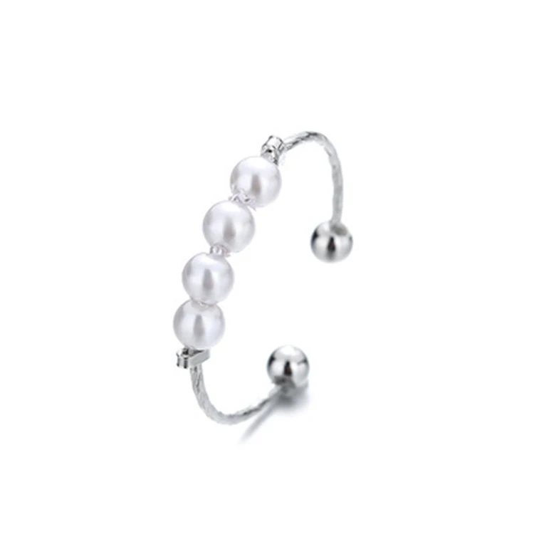 

Dainty Spinner Adjustable Silver Pearl Anxiety Fidget Ring for Women
