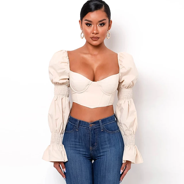 

Attractive Low-Cut Solid Flared Sleeve Blouse Elegant Vintage Square Collar Fitted Cropped Blouse Office Lady Daily Wear -SM, Black,green,khaki