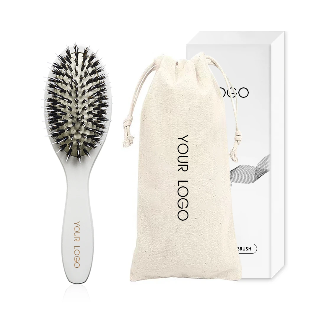 

Hot-Selling Custom Logo Extension Hairbrush Wooden Brush Boar Bristle Brush For Synthetic Hair, White