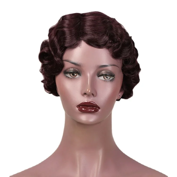 

Aisi Hair Vendor Cheap Wholesale Short Pixie Cut Finger Wave Wine Red Wig With Bangs For Black Women Synthetic Hair Wigs