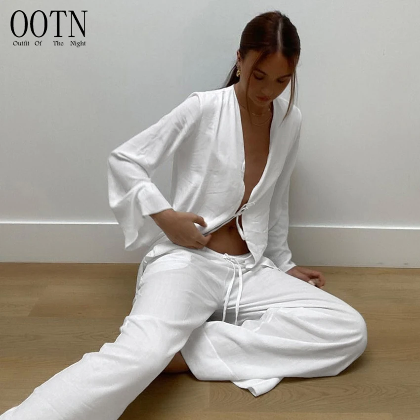 

OOTN Female Trouser Suits Spring Casual Nightwear Loose Long Sleeve V Neck Sleepwear White Pajamas For Women 2 Piece Sets