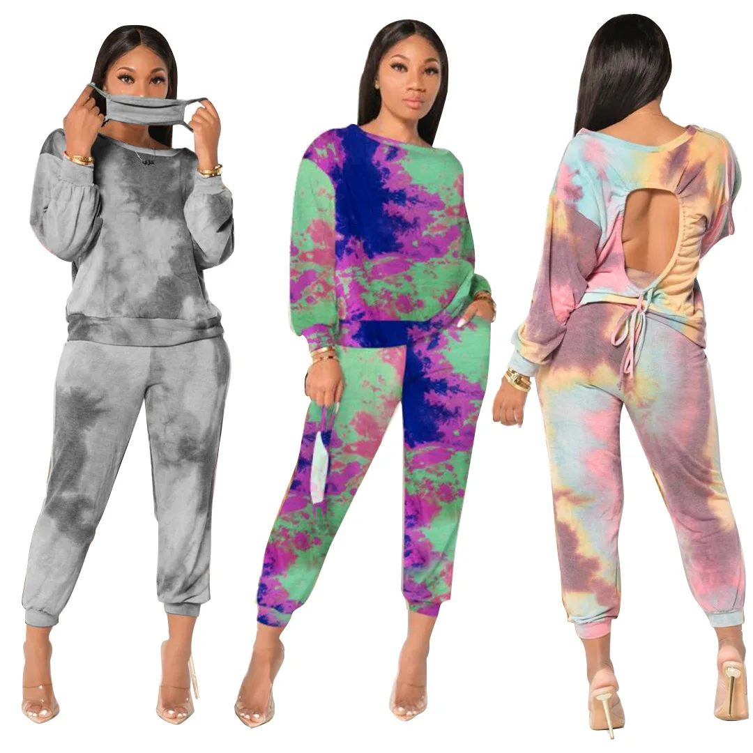 

New Casual Autumn Sexy Lady 2-Piece Set Tie-Dyed Long Set Pullover Full Sleeve O-neck Backless T-Shirt Pencil Pants