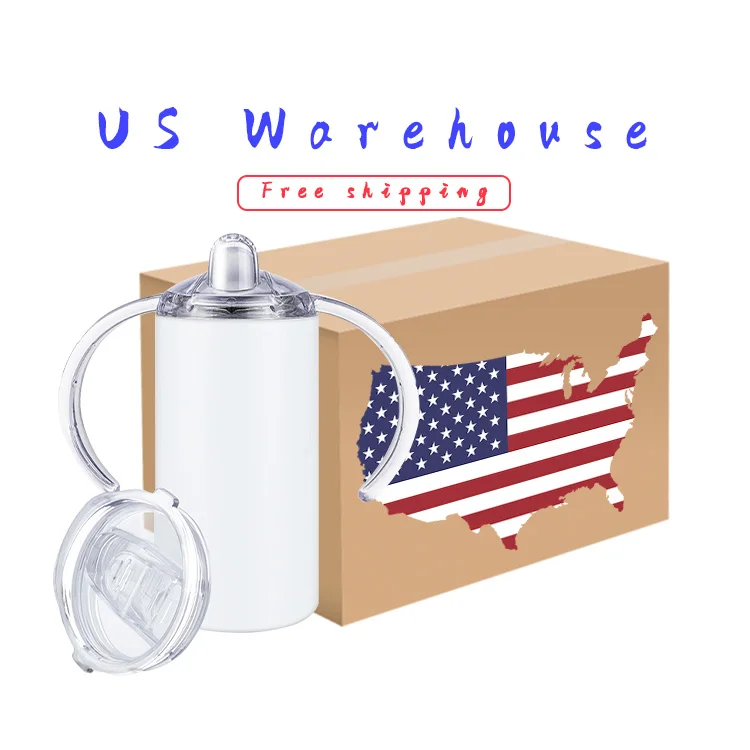 

USA Warehouse 12oz Straight Double Walled Insulated Stainless steel sublimation blank baby sippy cups kids tumbler with two lids, White blank