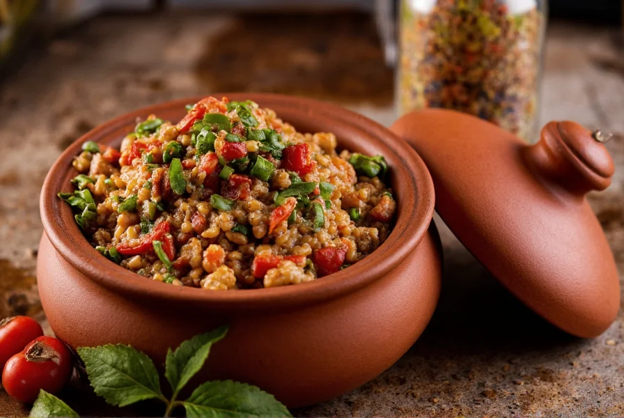 Traditional Guyanese pepper pot served in a clay pot with cassareep bottle and fresh ingredients